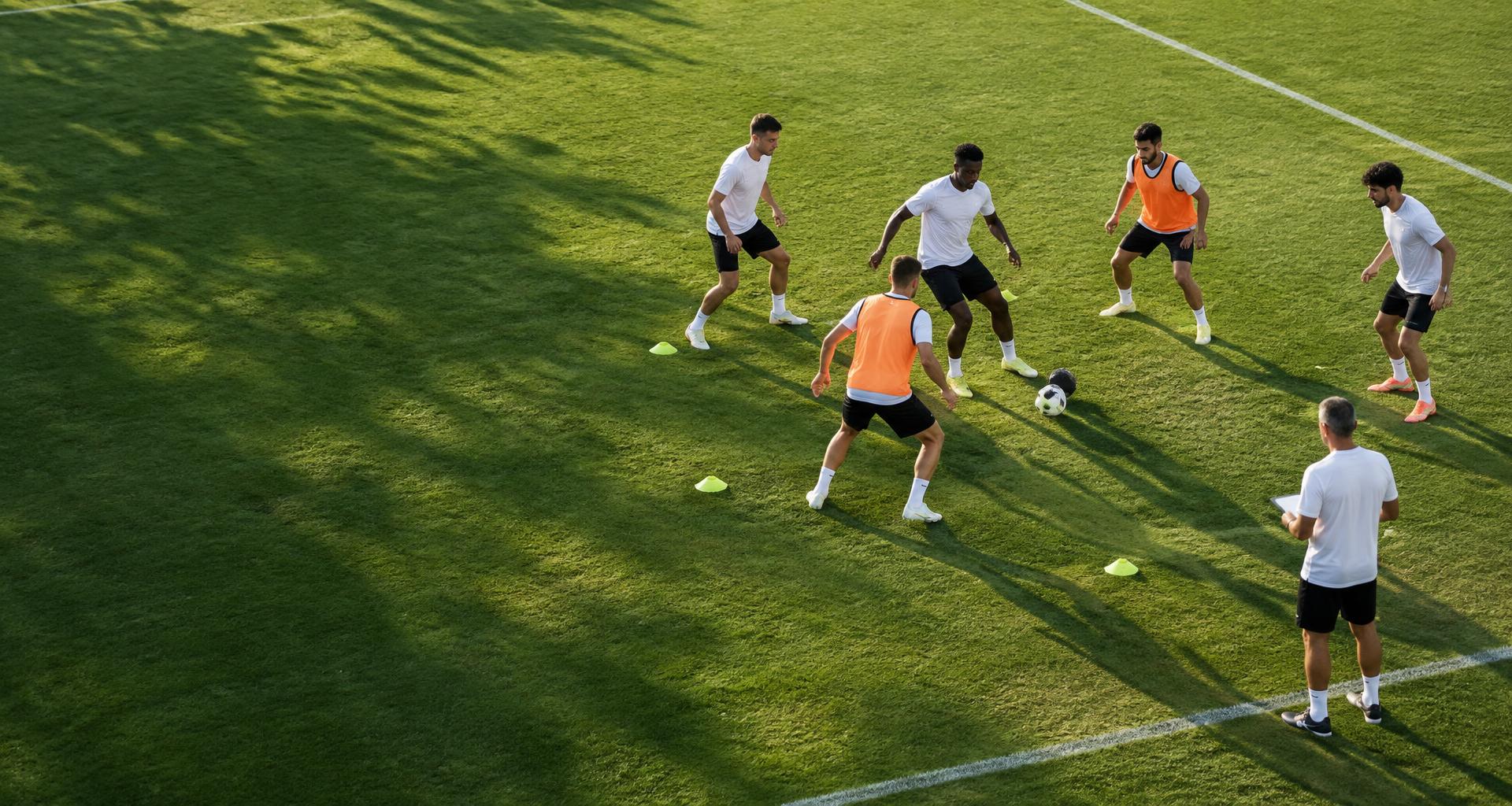 Players using positioning and passing options in a small-sided football practice