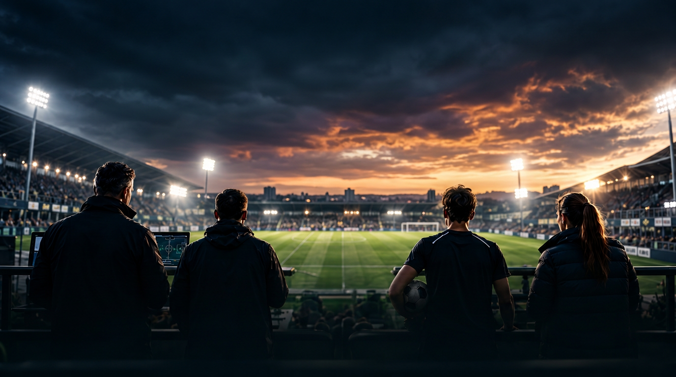 Four people watching a football stadium under floodlights at dusk